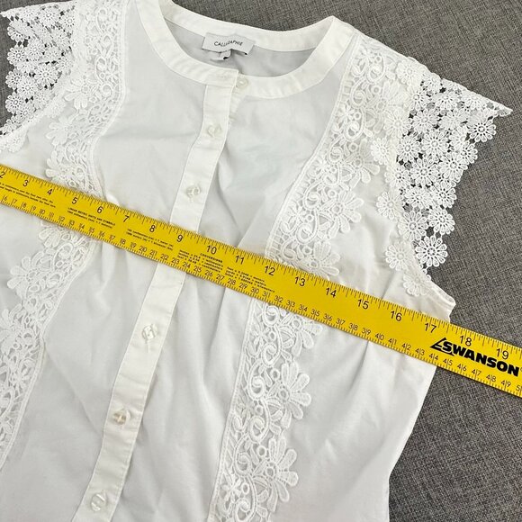 Calligraphie Button Down Top White Floral Embroidered detail Cap Sleeve Medium - Picture 7 of 10